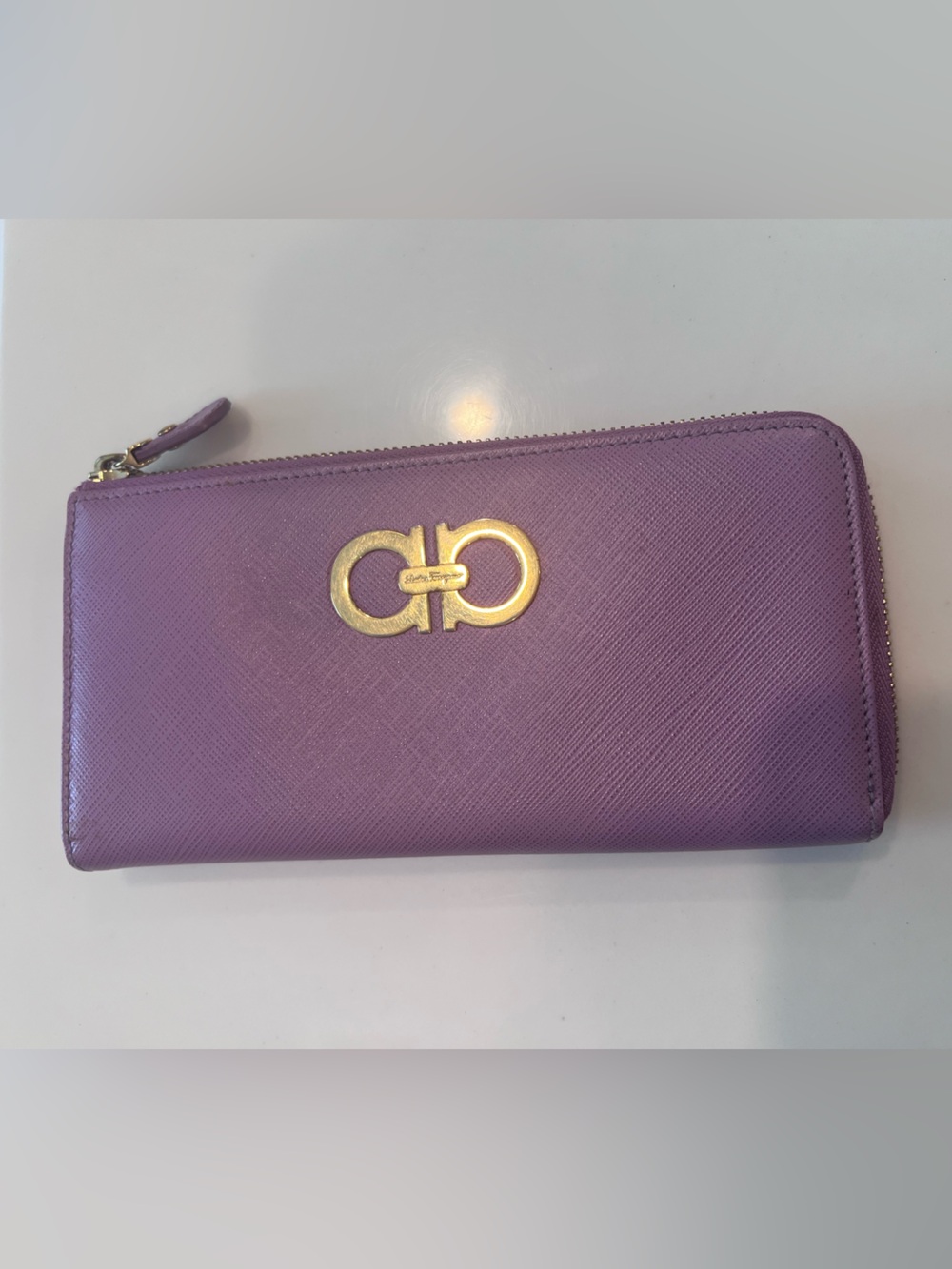 Salvatore Ferragamo Purple Leather Gancini Zip Wallet with Gold Hardware